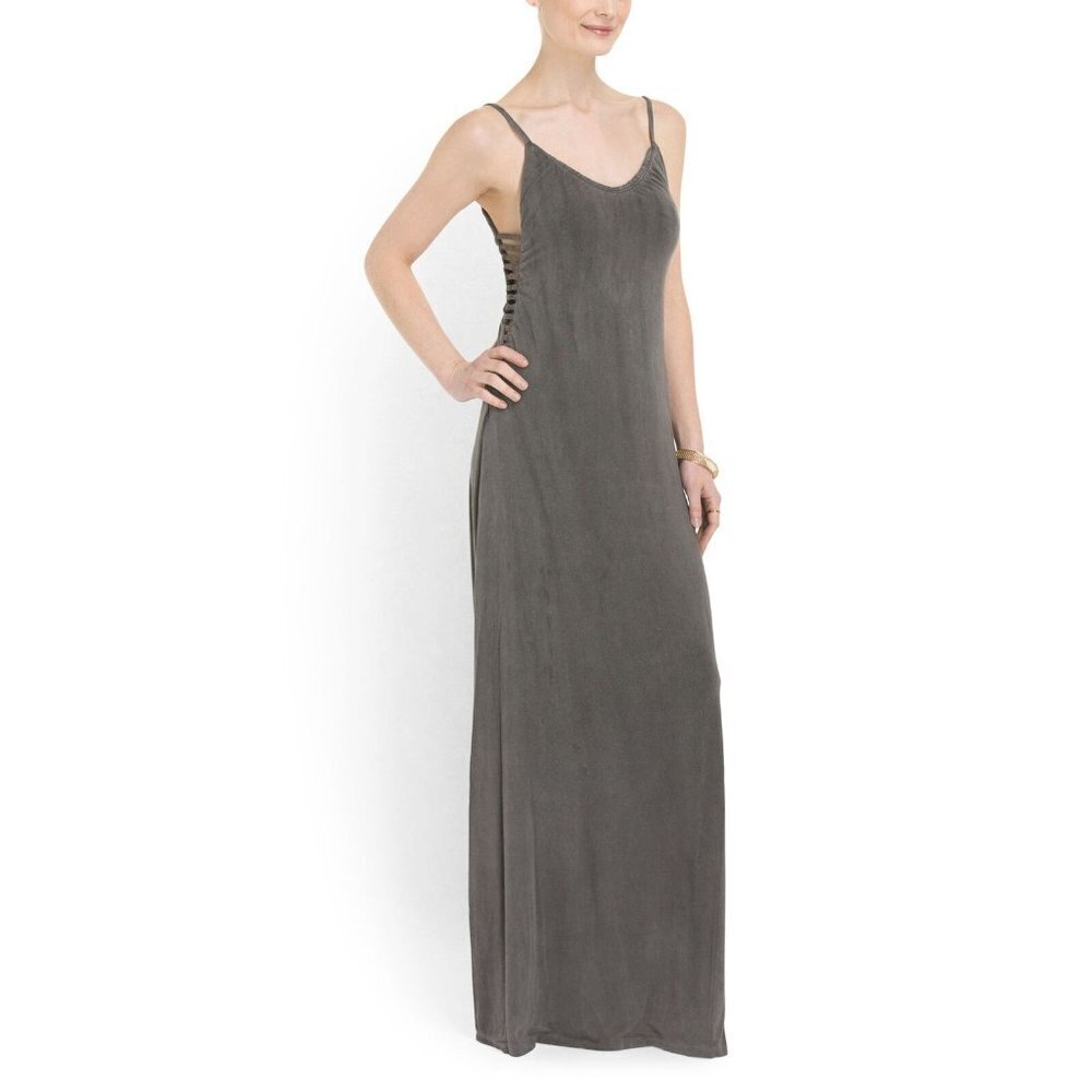NWT Gypsy 05 Sand Gray Deep V Bamboo Side Strap Detail Maxi Dress XS $187